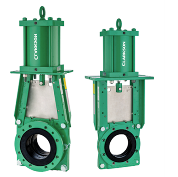 Knife gate valves are common around the floatation and thickener areas. The best valves are tight shutoff, full ported and reversible valves, such as the Clarkson KGA Heavy Slurry Knife Gate Valve (left) and the higher-pressure rated Clarkson KGD Wafer Slurry Knife Gate Valve (right). Both offer zero leakage, replaceable sleeves and handle a range of process pressures.