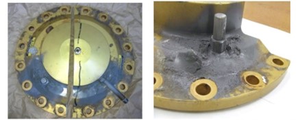 Casing 1 with actuator top removed, and its casing showed localized corrosion at outlet pressure tube (left) and the diaphragm level indicator (right)