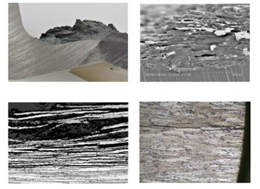 Casing 2, cross section of affected area in the removed top casing of the actuator shows corrosion layer buildup (top left). Also shown are scanning electron micrograph of exfoliation corrosion (top right), micrograph of cross section morphology showing layers separation at 100x magnification (bottom left), and intergranular cracking at 500x magnification (bottom right)